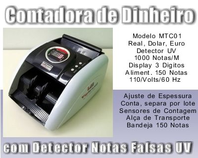 Maquina de Contar Dinheiro MTC01, Contadora de Cédulas, Com